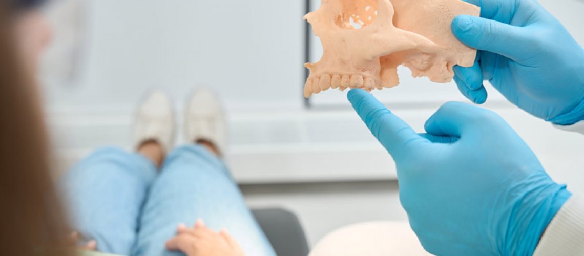 Dentist pointing at a jawbone model to a dental patient.